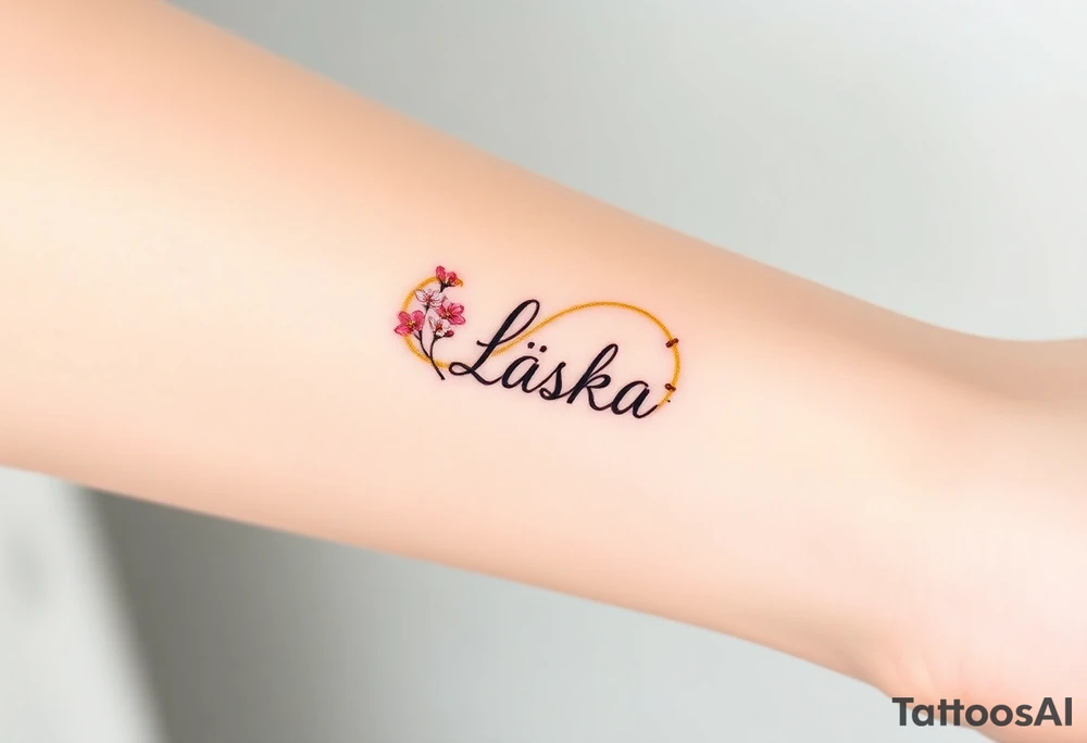 A golden infinity loop with tiny cherry blossoms surrounding the word "Láska", representing beauty, romance, and fleeting yet eternal love tattoo idea