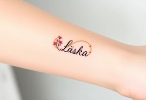 A golden infinity loop with tiny cherry blossoms surrounding the word "Láska", representing beauty, romance, and fleeting yet eternal love tattoo idea