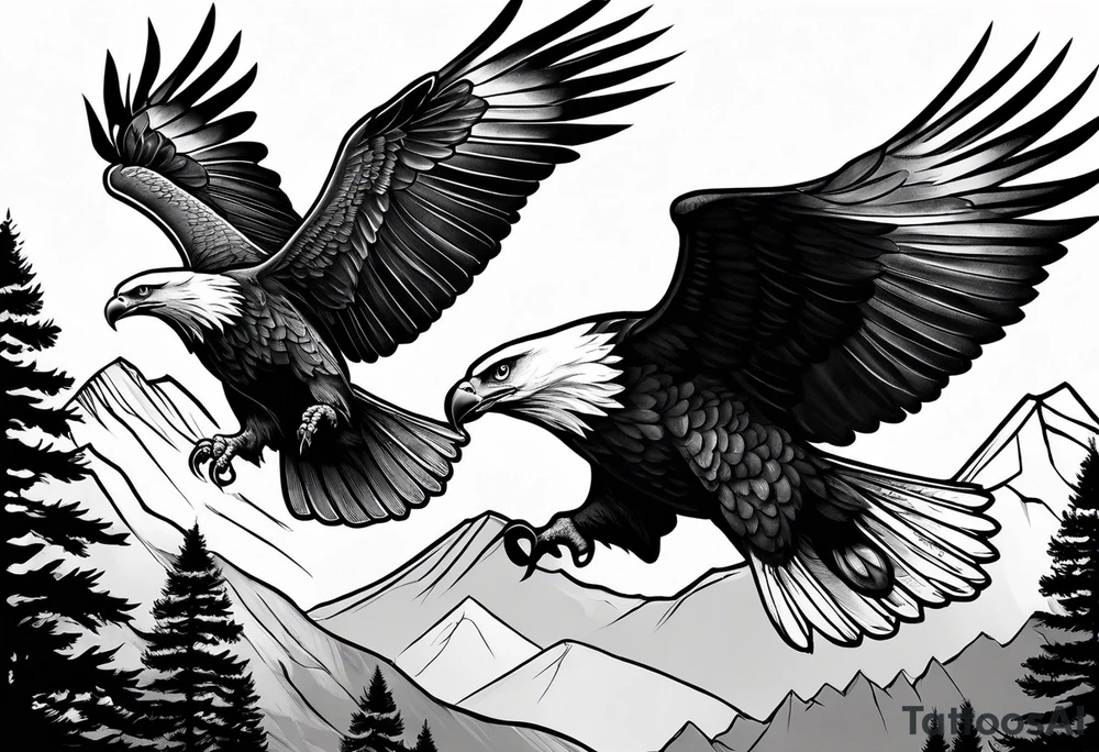 Eagle and Dove flying together over a mountain with trees in the background tattoo idea