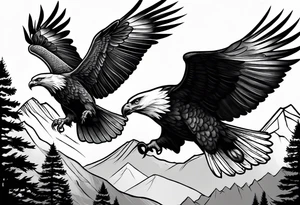 Eagle and Dove flying together over a mountain with trees in the background tattoo idea