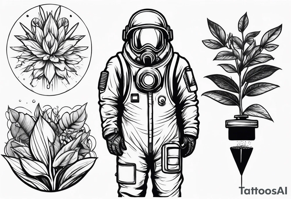 radiation suit with cleaning tank spraying a plant tattoo idea