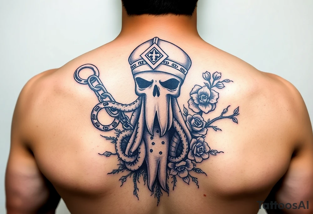 Squid and spartan and sailor hat combined with chains, tree roots, cherry blossoms and roses rolling dice tattoo idea