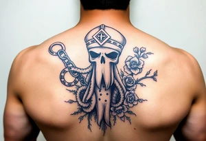 Squid and spartan and sailor hat combined with chains, tree roots, cherry blossoms and roses rolling dice tattoo idea