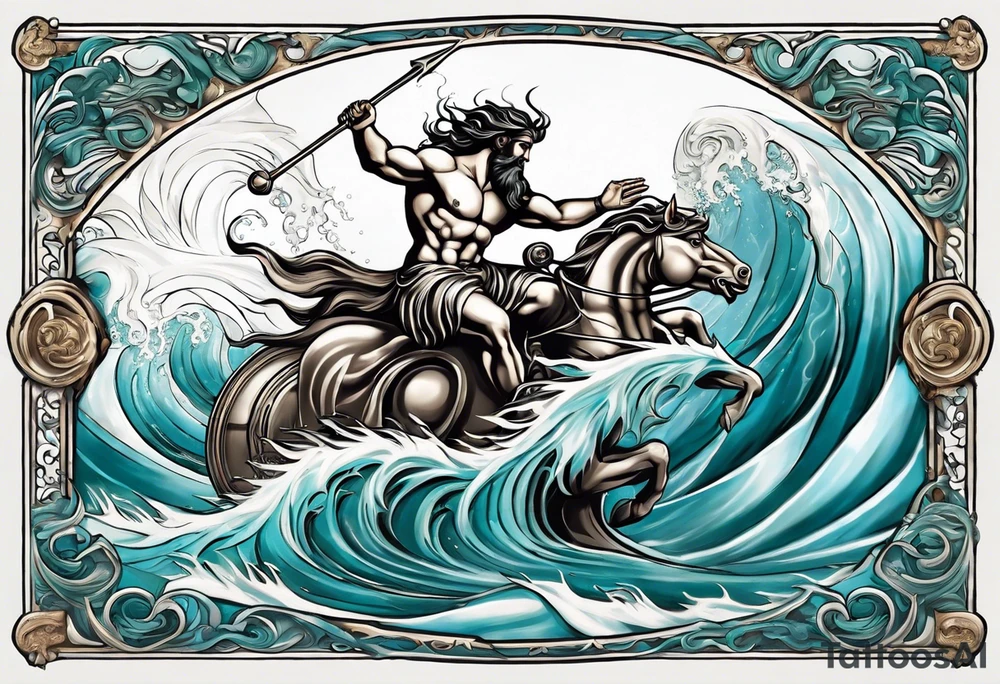 Poseidon (Left Upper Arm):

Poseidon riding a chariot pulled by sea horses, with waves crashing around them.
Poseidon wielding his trident with a powerful stance, commanding the sea.
Dolphins and fish swimming through the waves, along with swirling patterns to represent the movement of water. tattoo idea