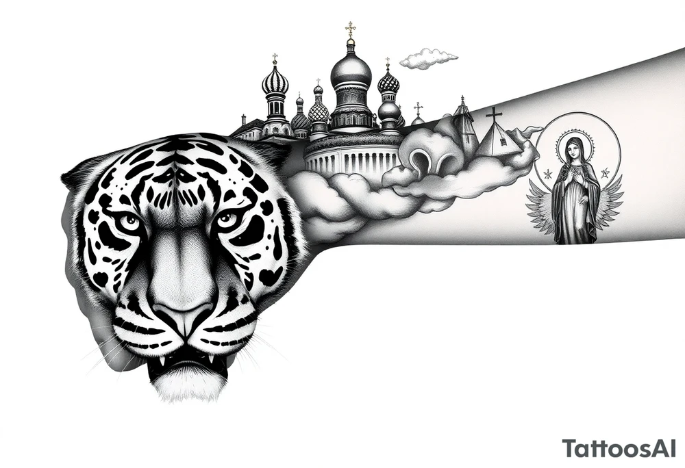 Realistic tiger face on the back of the hand with strong contrast and fine detail with all black eyes. then a highly detailed Russian Orthodox cathedral sitting above on the top fore arm with onion domes and orthodox crosses, done in fine line, engraving-like style. Cohesive composition, black ink only, no color, high contrast, slightly aged, documentary-style, plain light background. with clouds above and a virgin mary tattoo idea