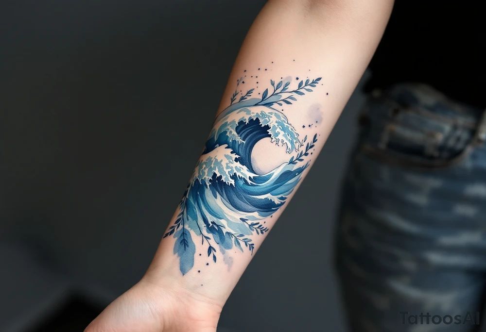 A soft blue watercolor wave wraps around the wrist, fading into foamy white tips. tattoo idea