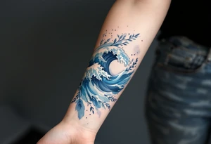 A soft blue watercolor wave wraps around the wrist, fading into foamy white tips. tattoo idea
