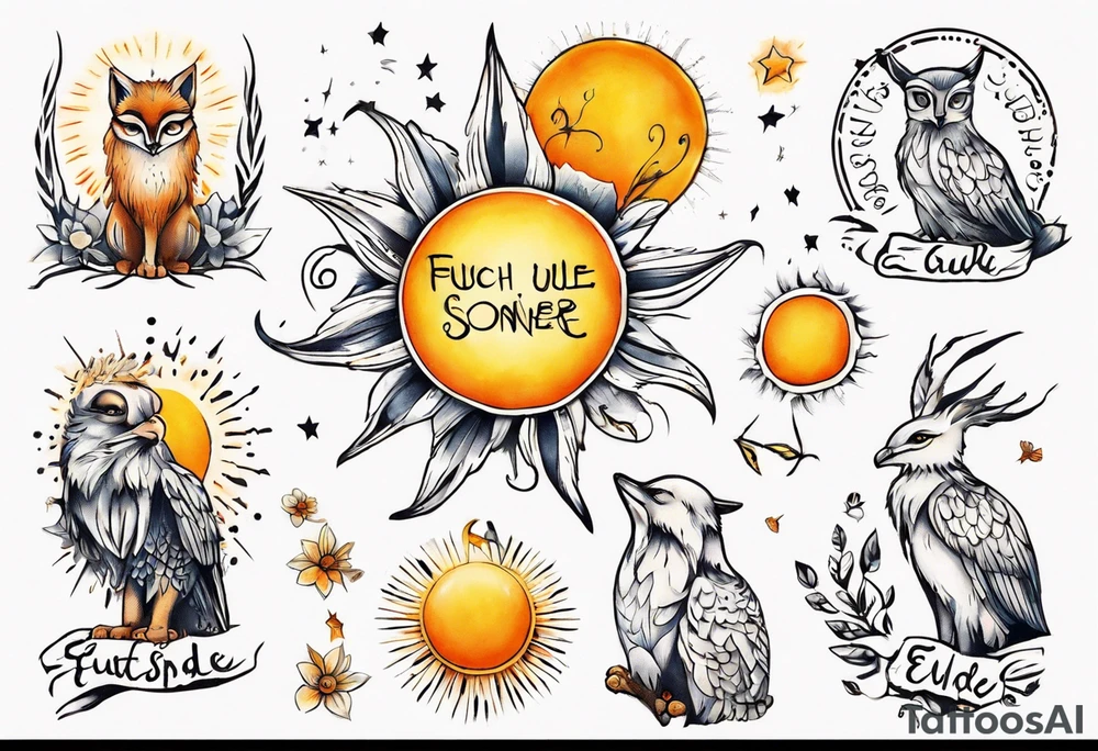 Fuchs und Eule unter der Sonne mit dem Schriftzug Sapere Aude tattoo idea