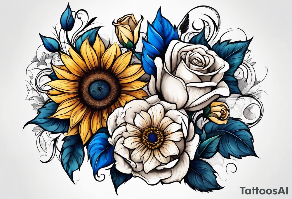 animal flower rose and blue, sunflower, tattoo idea