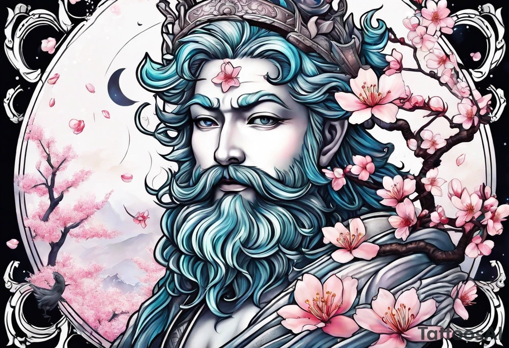 Neptune planet  with cherry blossom tattoo idea
