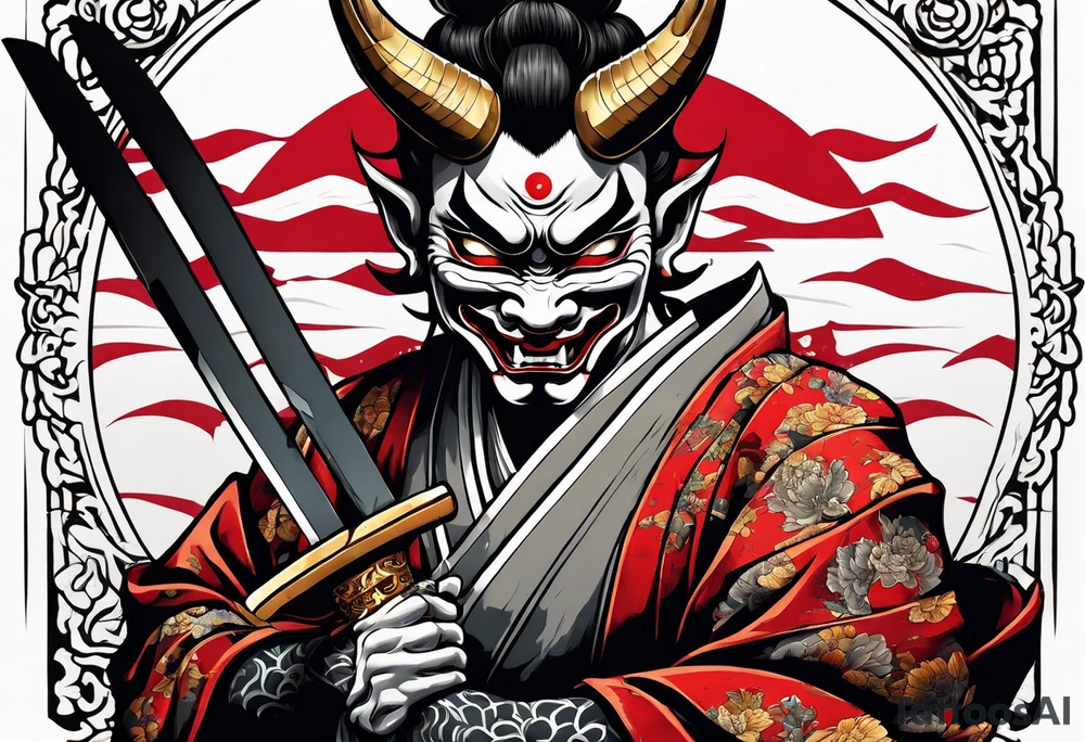 Full body Hannya  holding an ancient katana tattoo idea