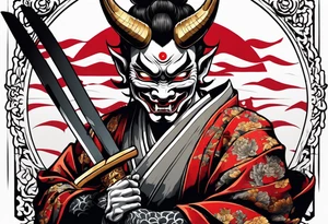Full body Hannya  holding an ancient katana tattoo idea