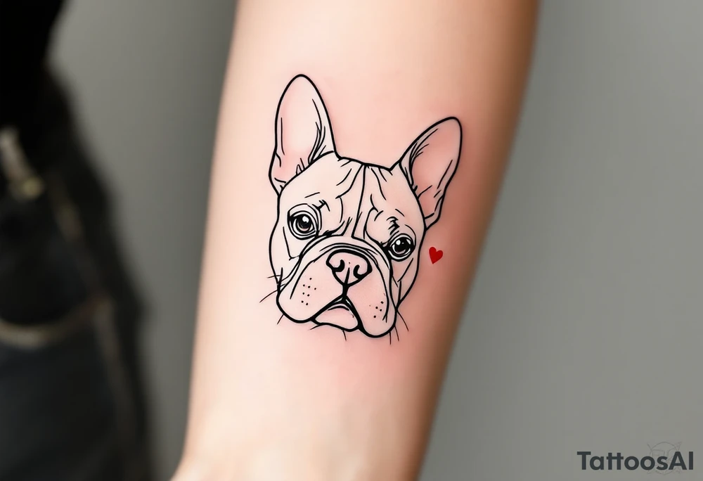 Minimalist line art of a French Bulldog’s face, with clean black lines and a small red heart near the nose. tattoo idea