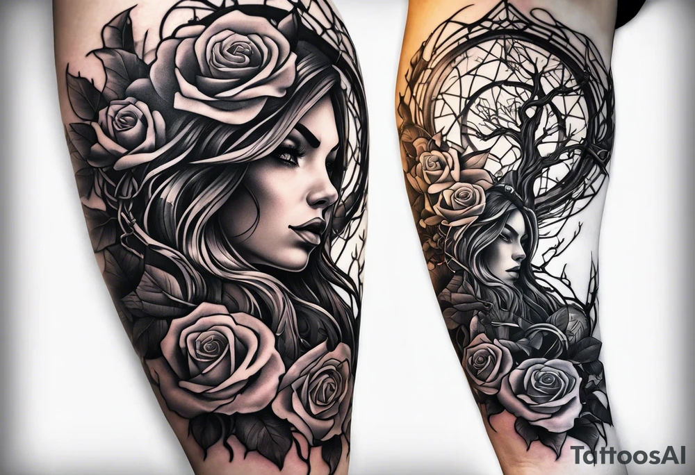 tattoo fool sleeve, old broken gothic home, broken sword, tree roots break out of the chains, roses tattoo idea