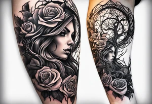 tattoo fool sleeve, old broken gothic home, broken sword, tree roots break out of the chains, roses tattoo idea