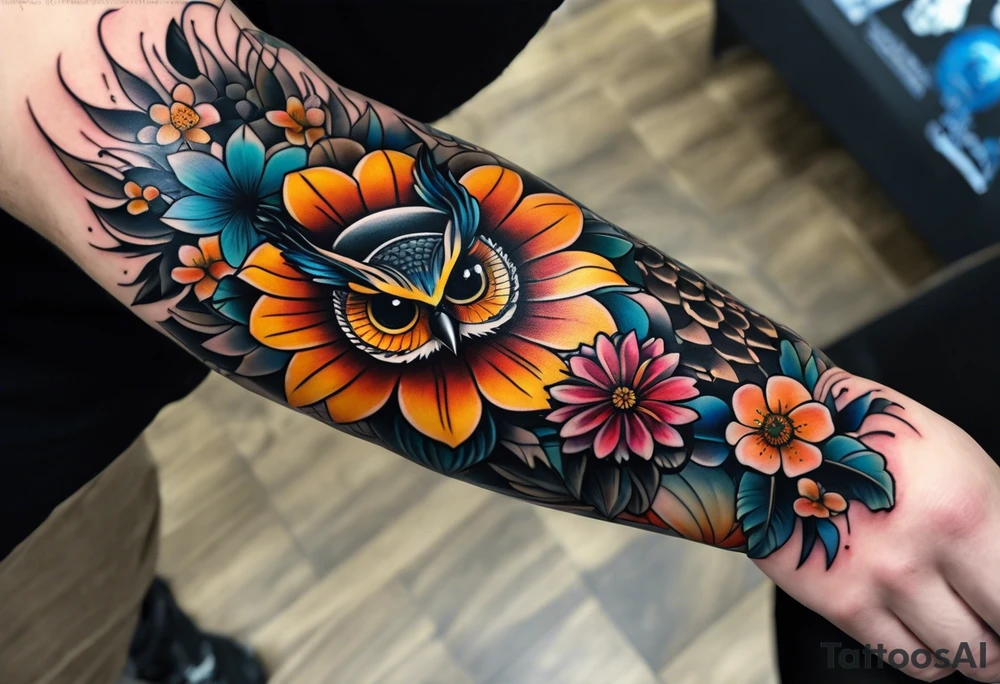 A lower forearm sleeve full colour coming down from a bicep with flowers joined with honeycombs, Mandela flowers, and owl. tattoo idea