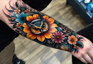 A lower forearm sleeve full colour coming down from a bicep with flowers joined with honeycombs, Mandela flowers, and owl. tattoo idea