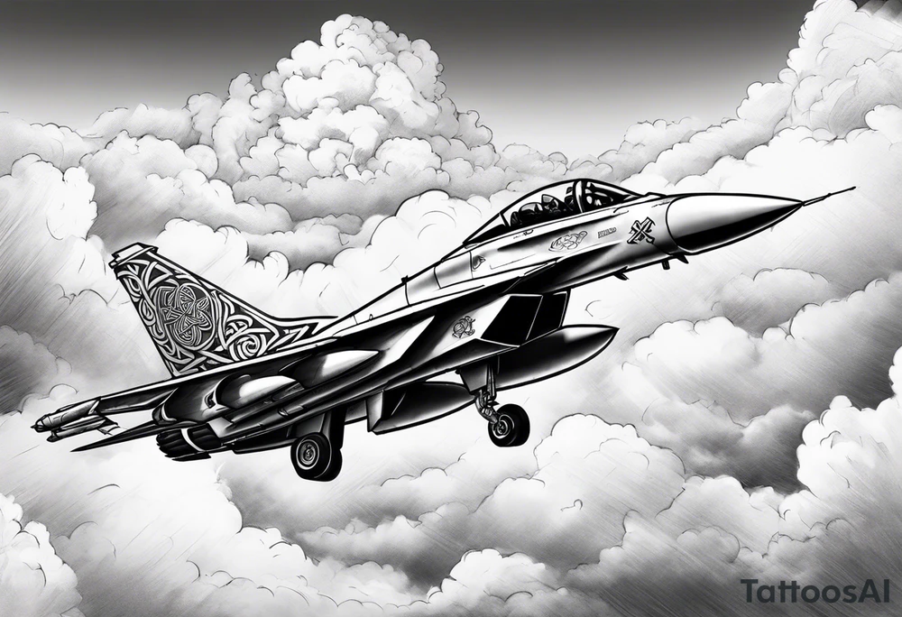 Fighter jet with a Celtic cross in the clouds. With the date 09-07-2023 in clouds tattoo idea