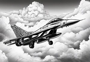 Fighter jet with a Celtic cross in the clouds. With the date 09-07-2023 in clouds tattoo idea