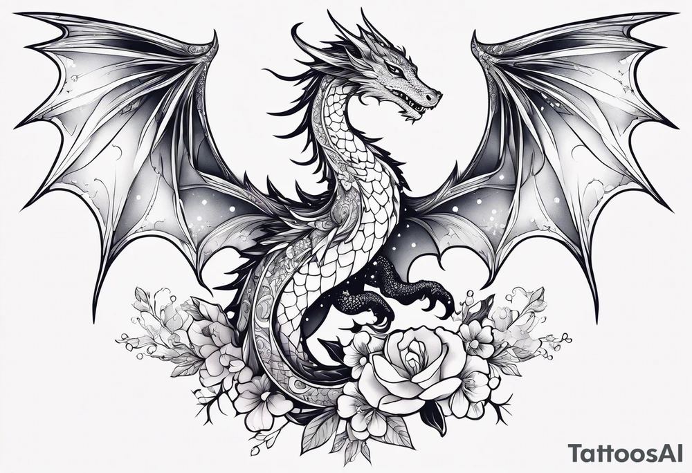 Constellation, wing , snow , cross , dragon female japan kawaii , flower tattoo idea