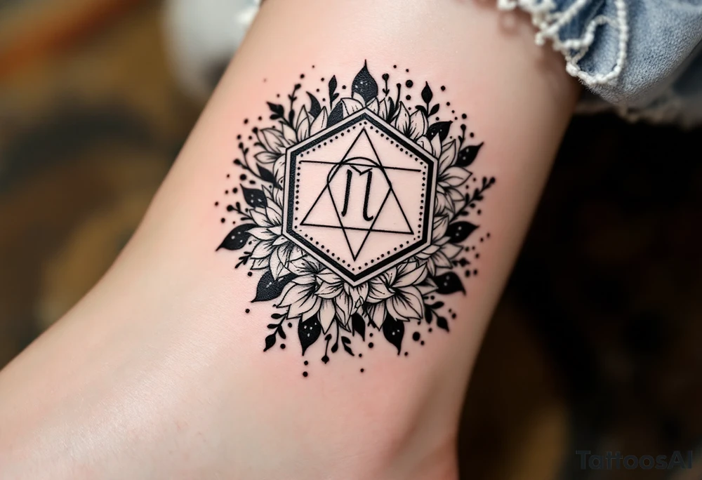 hexagon with Leo astrological symbol surrounded by larkspurs and water lilies tattoo idea
