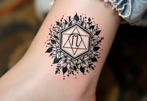 hexagon with Leo astrological symbol surrounded by larkspurs and water lilies tattoo idea