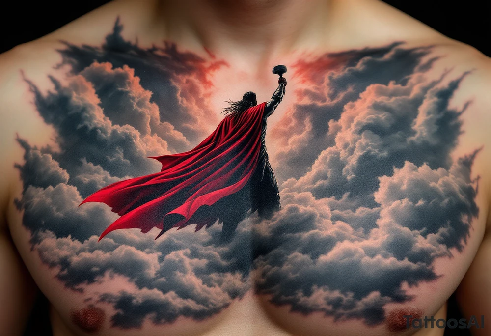 A stormy sky with Thor’s silhouette emerging from the clouds, holding Mjölnir high, his red cape flowing, in dramatic black, grey, and deep red tones. tattoo idea