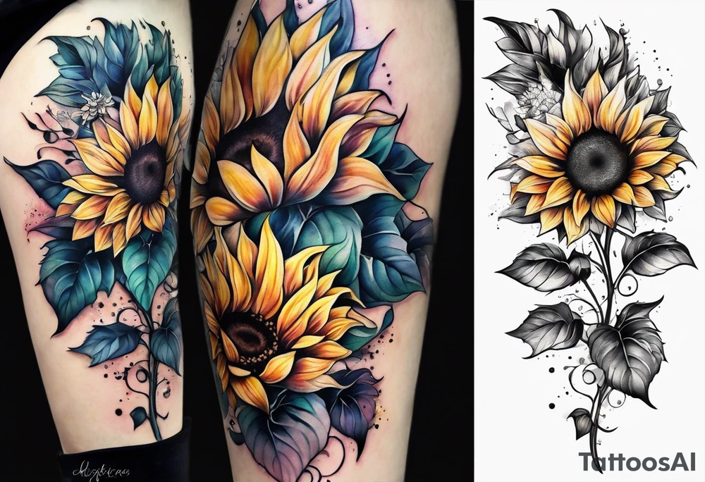 Leg sleeve sunflower tattoo idea