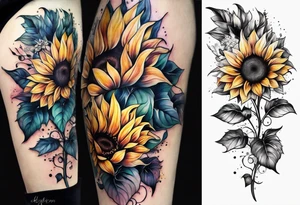 Leg sleeve sunflower tattoo idea