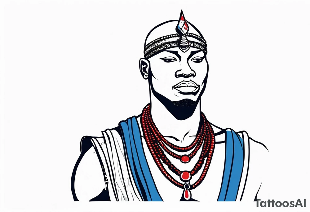 Black-skinned bald african warrior. He wears a simple and small silver crown. He uses two simple necklaces: one blue, other red. He has cowry shells in his crown tattoo idea