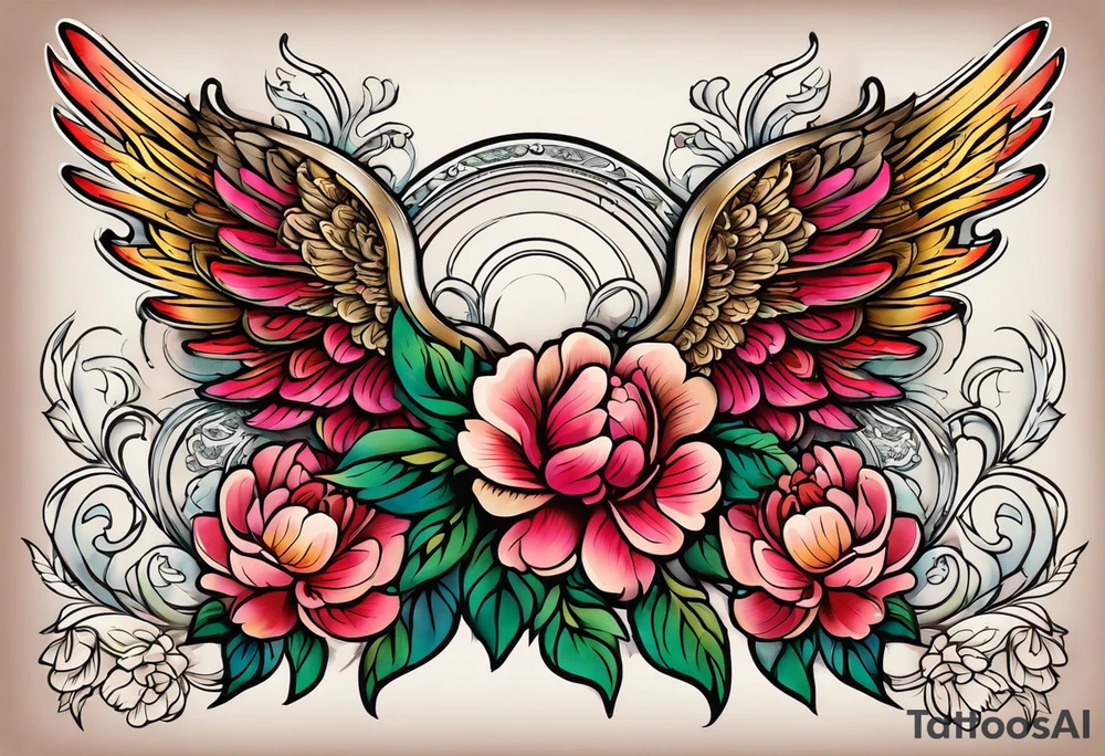 beautiful angel wings with colorful, peonies. beautiful flilligree in the background , full color, traditional old school tattoo idea