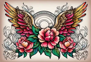 beautiful angel wings with colorful, peonies. beautiful flilligree in the background , full color, traditional old school tattoo idea