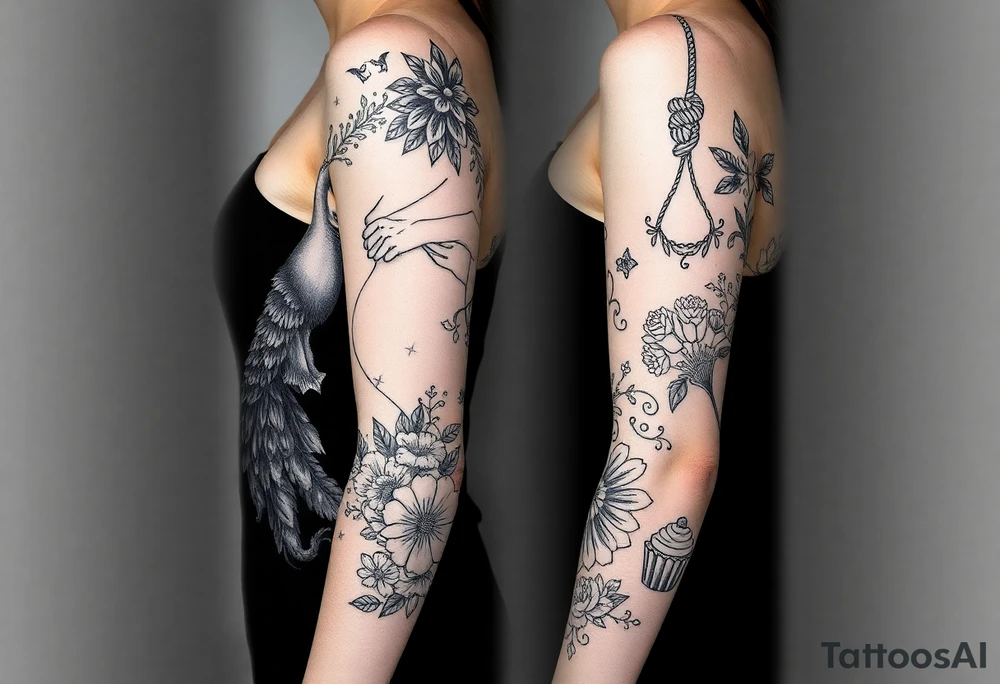 Storm, darkness, seven deadly sins, fat naked woman, peacock, flowers, razor blades, noose, couple having sex , cupcake ,cigerettes tattoo idea