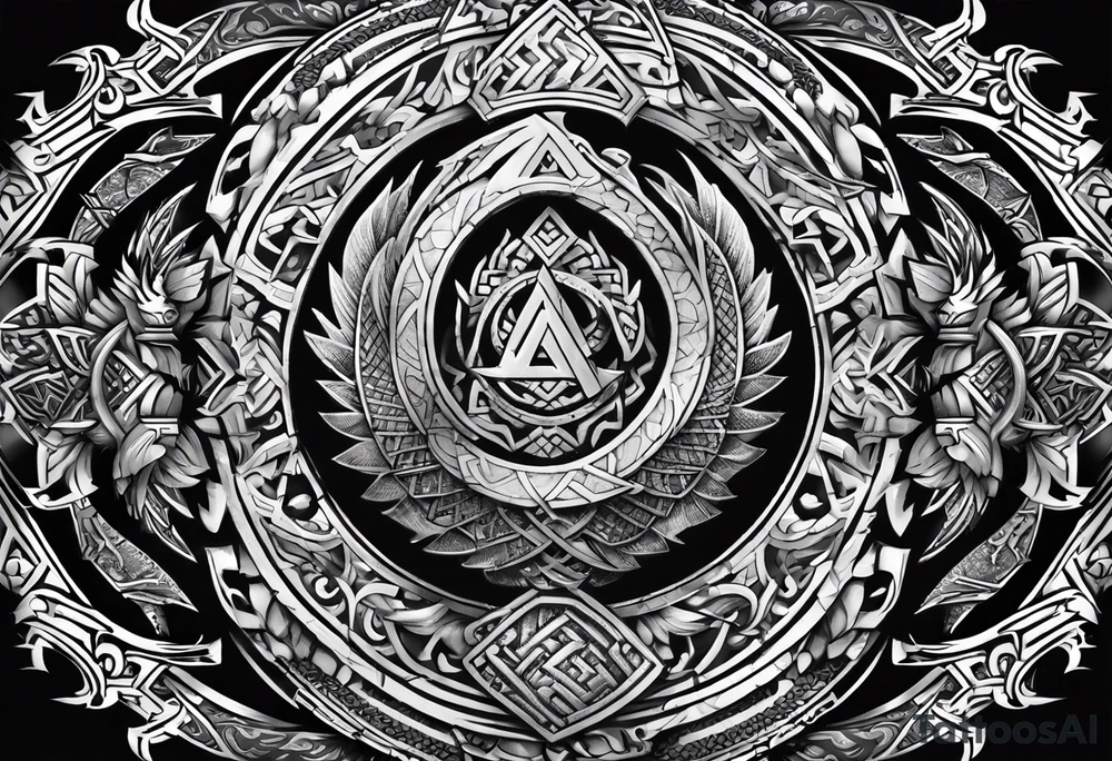 Valhalla sword shield dragon axe Valknut tribal tattoo idea