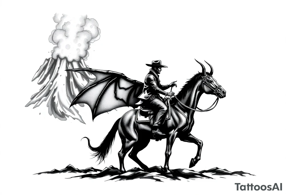 Silhouette of a demon cowboy on a horse, against a volcanic eruption. tattoo idea