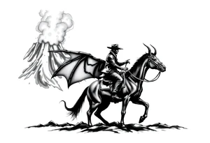 Silhouette of a demon cowboy on a horse, against a volcanic eruption. tattoo idea