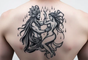 Two beautiful souls a God and a goddess dancing in the rain with pure Bliss depicting the masculinity of the male and erotic female tattoo idea