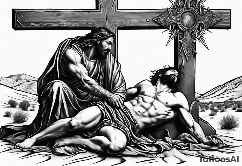 man crawling in a desert reaching to the cross of Christ tattoo idea
