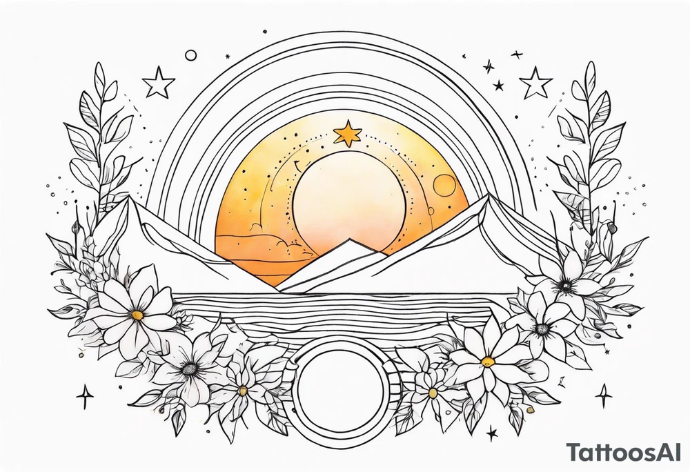 fine line with sun, stars, floral, dots. Sternum tattoo tattoo idea