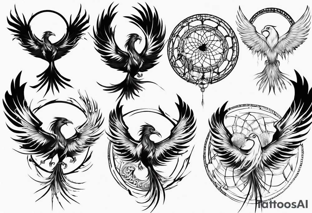 Vertical open mouthed flying Phoenix in circle with abstract dream catcher tail tattoo idea