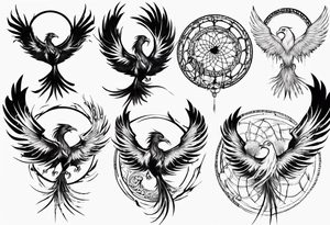 Vertical open mouthed flying Phoenix in circle with abstract dream catcher tail tattoo idea