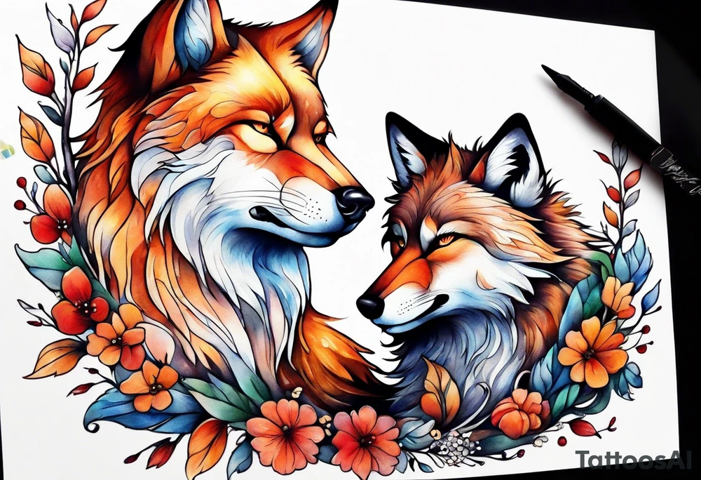 Wolf and fox nuzzling tattoo idea