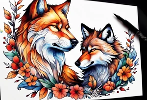 Wolf and fox nuzzling tattoo idea