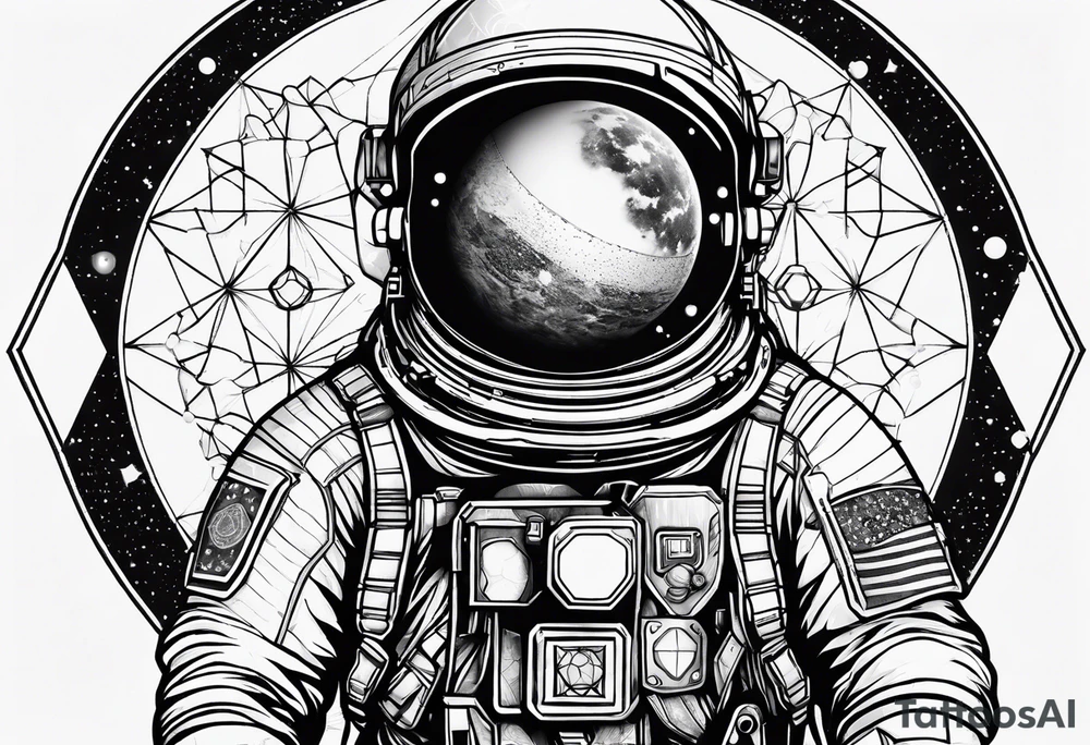 Astronaut floating in space with sacred geometry and hexagonal shapes tattoo idea Astronaut floating in space with sacred geometry and hexagonal shapes tattoo idea