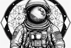 Astronaut floating in space with sacred geometry and hexagonal shapes tattoo idea