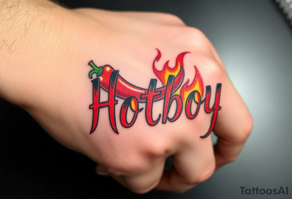 Chili pepper and fire lettering says Hotboy tattoo idea