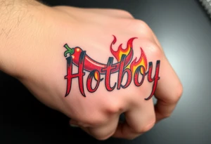 Chili pepper and fire lettering says Hotboy tattoo idea
