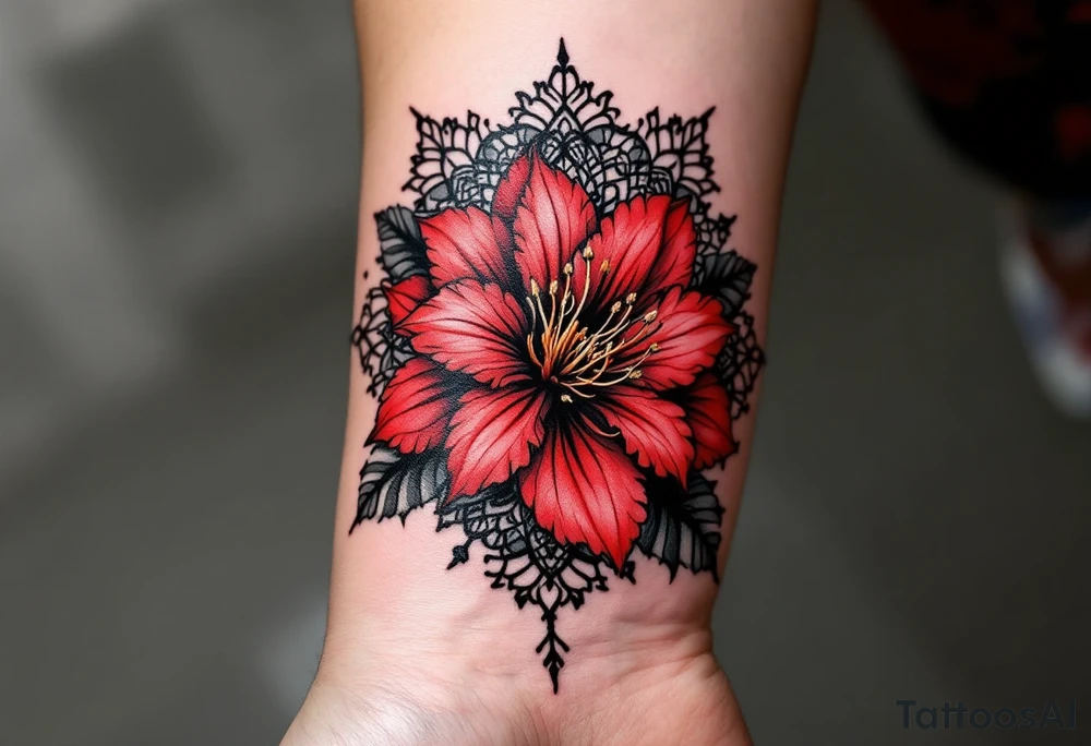 red  and black rhododendron trippy with mandala behind tattoo idea