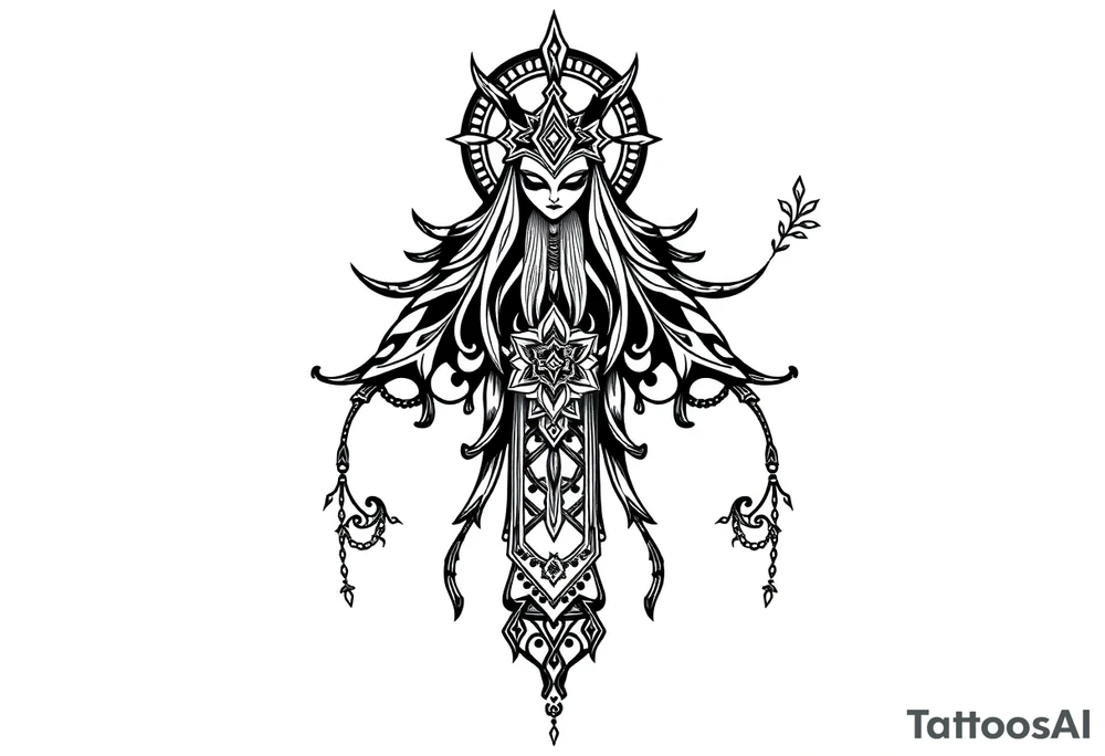 mystical dark and long ornament with shaman and witch style and ancient rhyme tattoo idea
