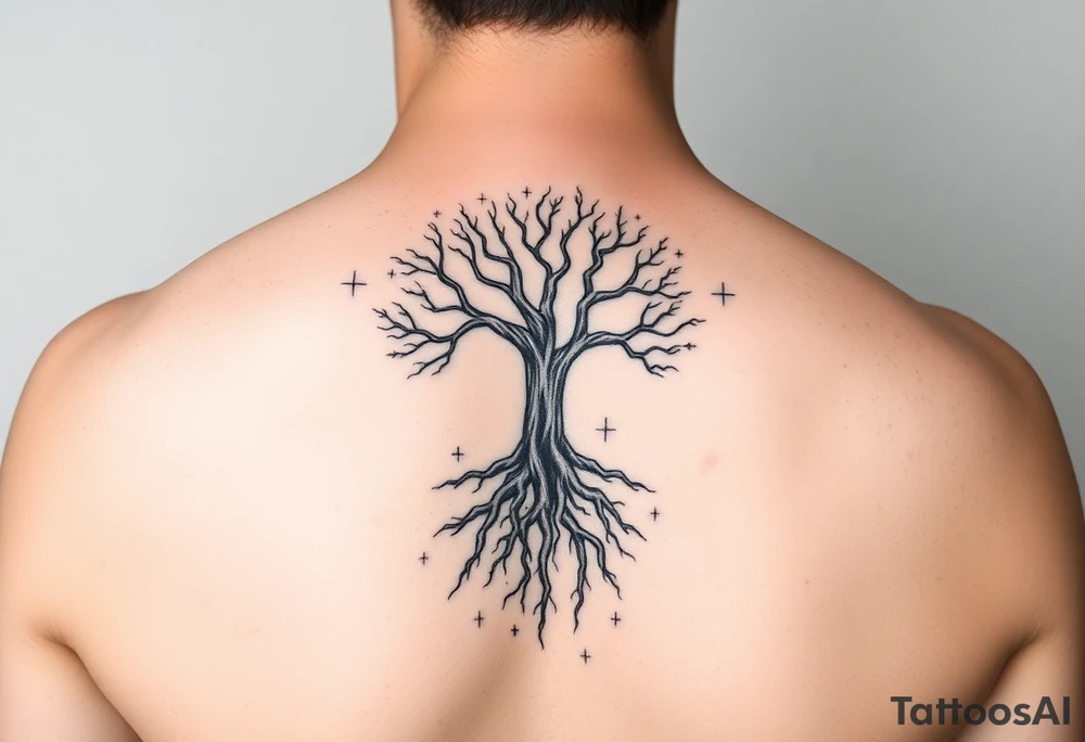mystical tree of life with cosmic roots and celestial branches tattoo idea
